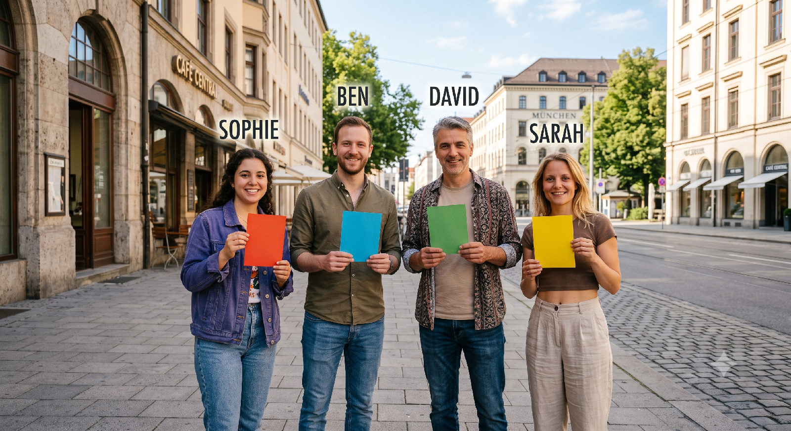 Four friends standing on a city street, each holding up a different colored card — the same colors they are hunting in a ColorCollect group hunt.